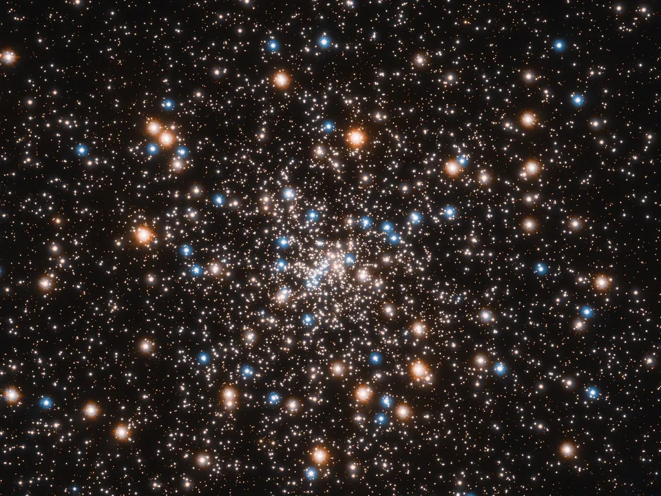A crowded cluster contains bright reddish stars and fainter blue-white points, showing that its stars do not all have the same colour or brightness.